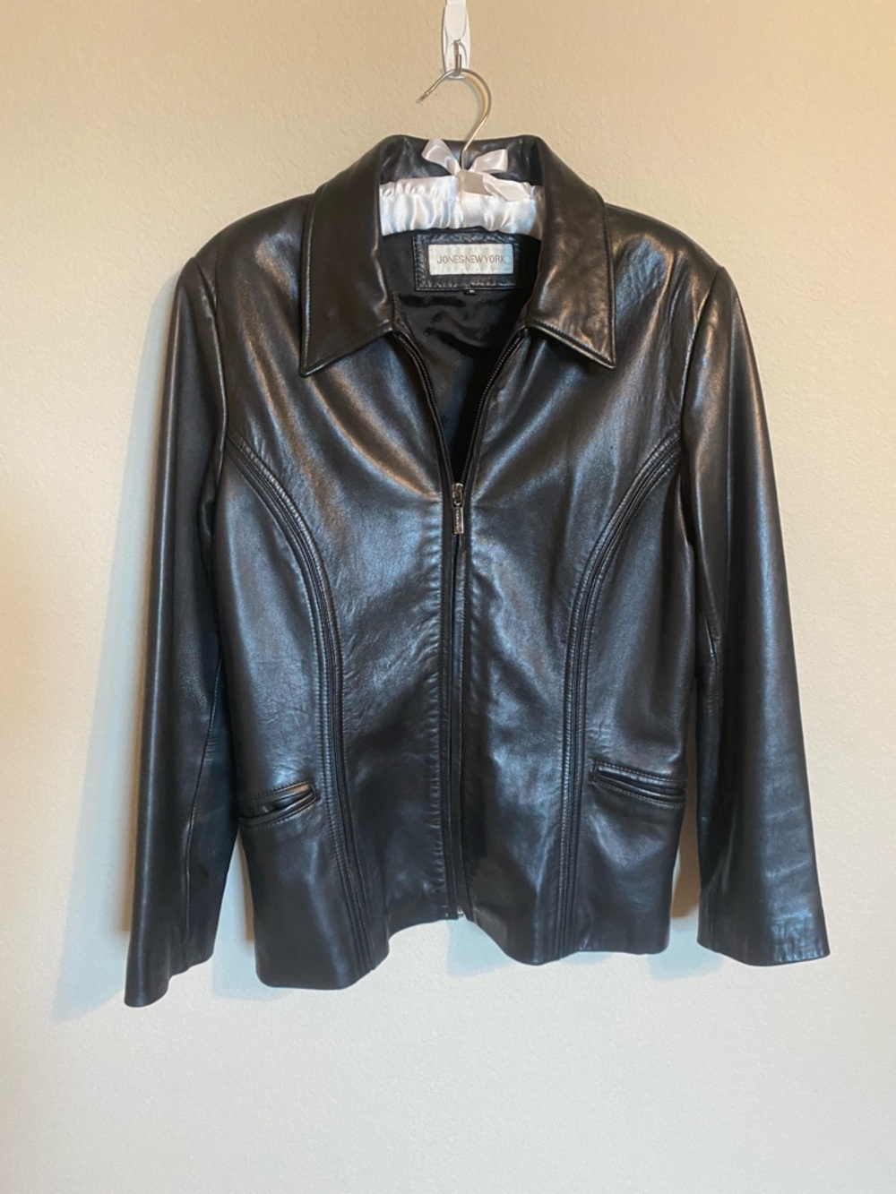 Jones New York Black Leather Zip Jacket with Tailored Seams